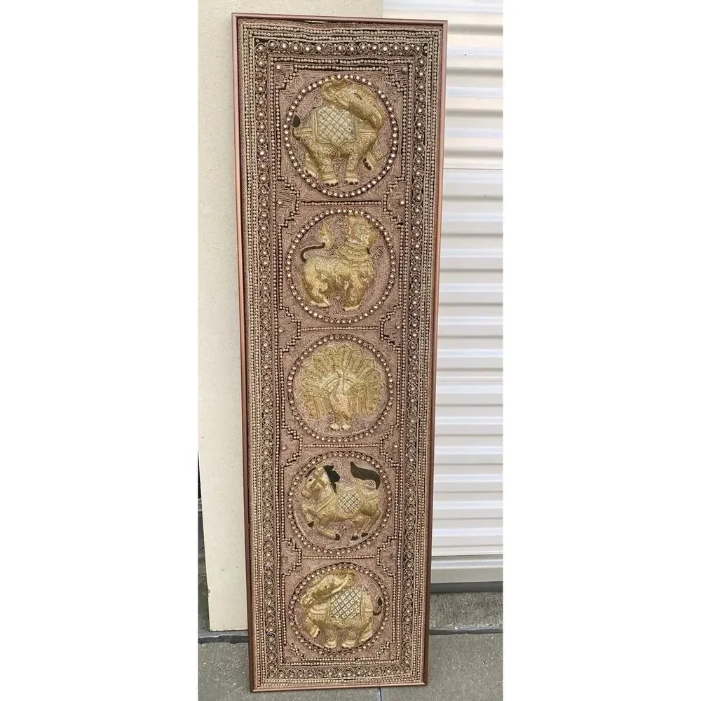 Vtg Burmese Thai Kalaga Tapestry Wall Art Elephant Peacock Lion Beaded 54” Large - Picture 2 of 16